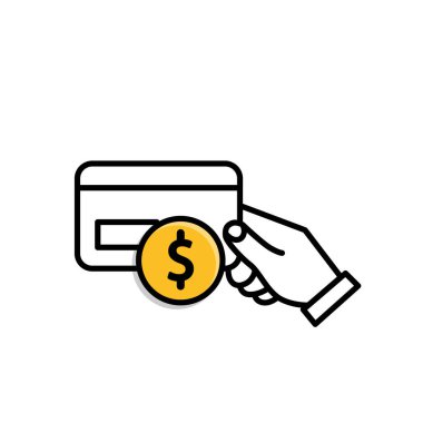 Payment icon. Hand paying with a credit card with a dollar symbol on it. Economics, business, banking. Mixed design style