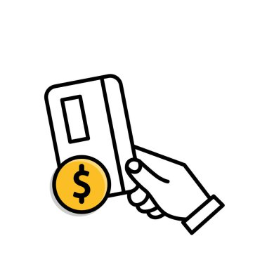 Ödeme ikonu. Üzerinde dolar sembolü olan bir kredi kartı kullanarak el ödemesi. Ekonomi, iş, basit. Karışık tasarım biçimi