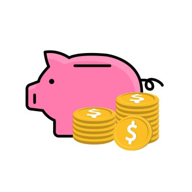 Para ikonunu sakla. Kumbarası olan bir yığın bozuk para. Ekonomi, iş, basit. Isometric tasarım biçimi