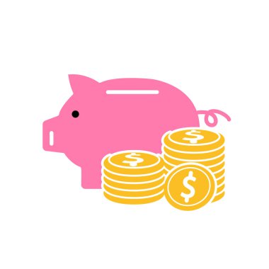 Para ikonunu sakla. Kumbarası olan bir yığın bozuk para. Ekonomi, iş, basit. Düz tasarım biçimi