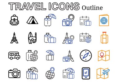 Seyahat simgesi ayarlandı. Tatiller, uluslararası geziler, plajlar, Eyfel Kulesi, yer işaretleri ve daha fazlası gibi seyahatlerle ilgili tasarımlar. Tasarım biçimi.