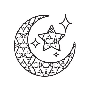 Ramazan ikonu. Ay süsü. Işıldayan ay, içinde bir desen var. İslam, kutsal ay, Arapça. özet tasarım biçimi.