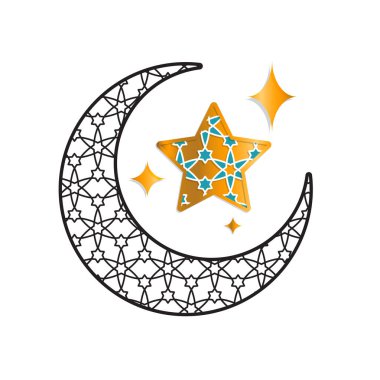 Ramazan ikonu. Ay süsü. Işıldayan ay, içinde bir desen var. İslam, kutsal ay, Arapça. karışık tasarım biçimi.