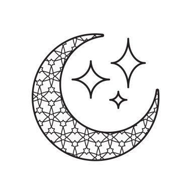 Ramazan ikonu. Ay süsü. Ay ve içinde desenlerle parlıyor. İslam, kutsal ay, Arapça. özet tasarım biçimi