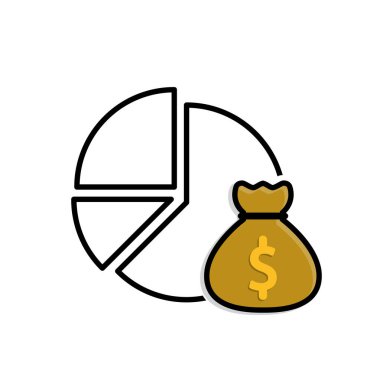 Bütçe simgesi. Finansal olarak. Birkaç parçalı diyagram ve bir çuval bozuk para. Ekonomi, iş, banka. karışık tasarım biçimi