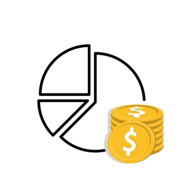 Bütçe simgesi. Finansal olarak. Birkaç parçalı diyagram ve bir yığın bozuk para. Ekonomi, iş, banka. karışık tasarım biçimi