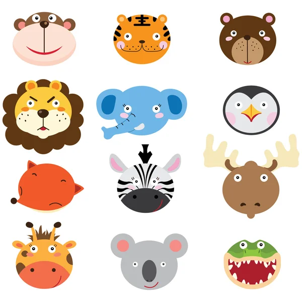 Lindos animales cabezas conjunto — Vector de stock