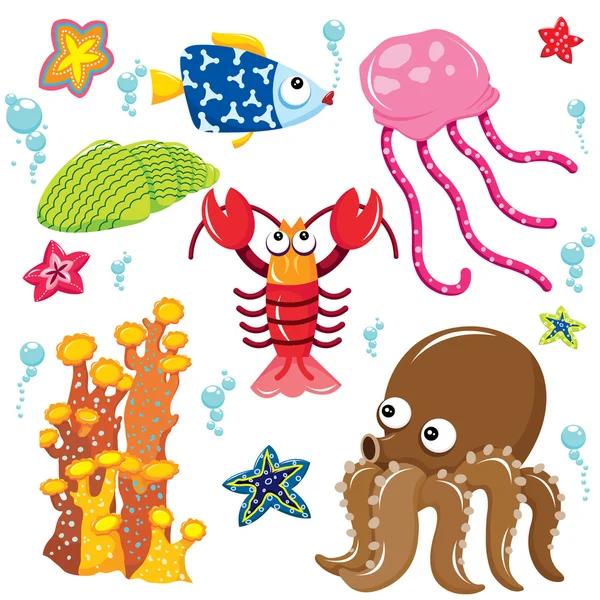 Coleção de desenhos animados de criaturas do mar — Vetor de Stock