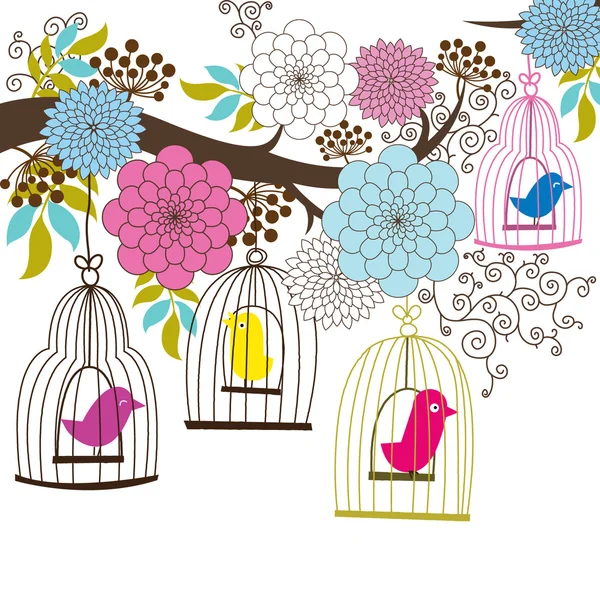 Boda retro floral y jaula de aves — Vector de stock