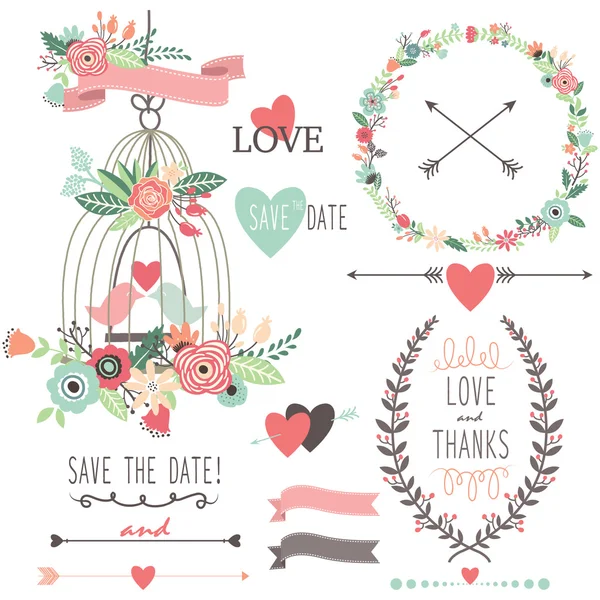 Fleurs de mariage vintage et cage à oiseaux — Image vectorielle