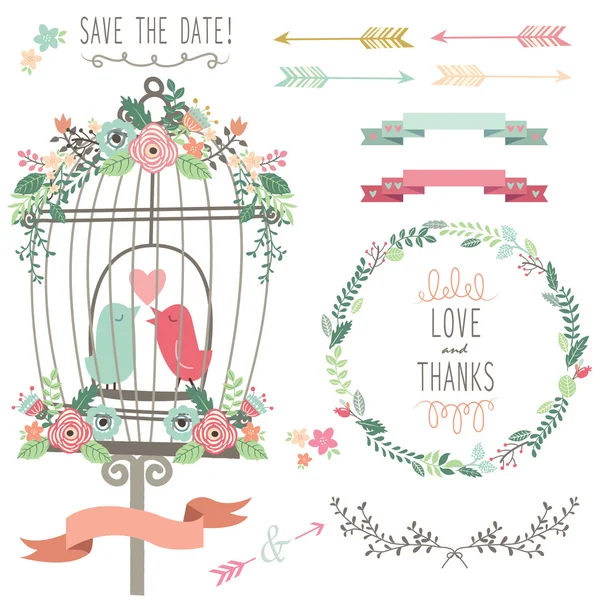 Ρετρό αγάπη κλουβί και γαμήλια λουλούδια — Διανυσματικό Αρχείο