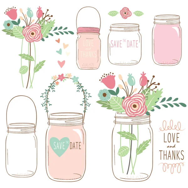 Dibujar a mano flor de la boda Mason Jar — Archivo Imágenes Vectoriales