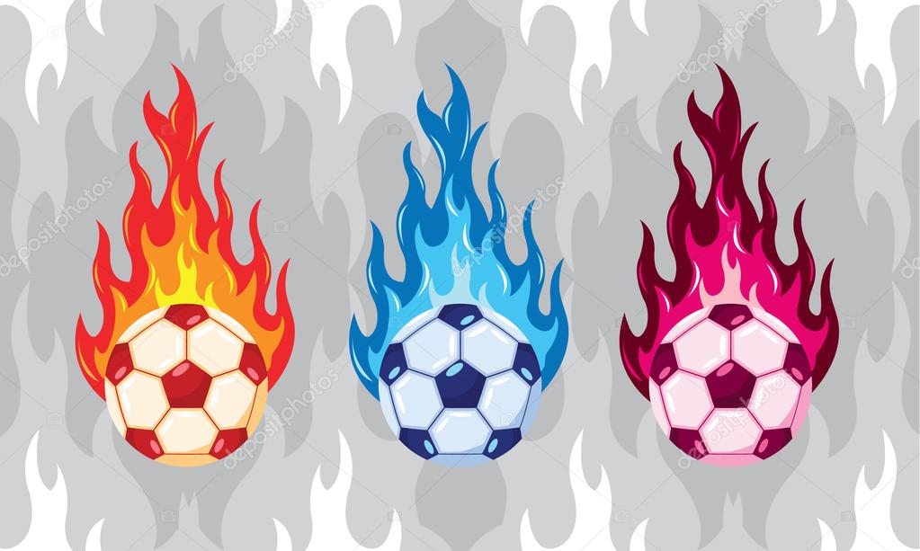 Set of vector colorfull flaming soccer ball