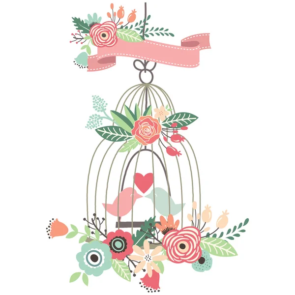 Casamento vintage Floral Birdcage — Vetor de Stock