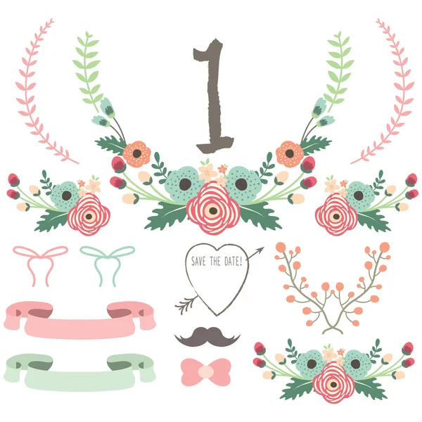 Handgezeichnetes Blumen-Hochzeitsset — Stockvektor
