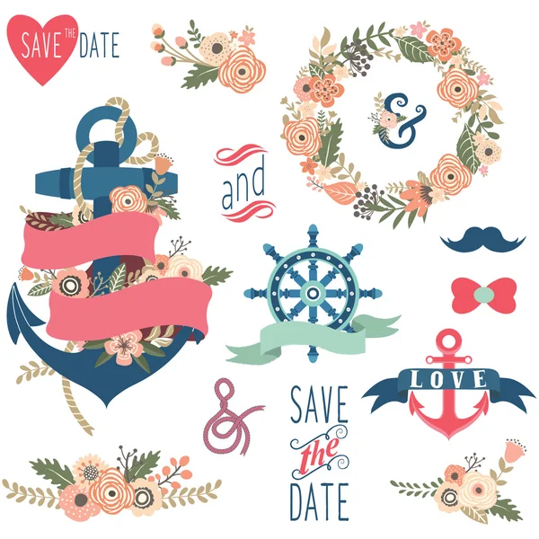 Collections de mariages floraux nautiques — Image vectorielle