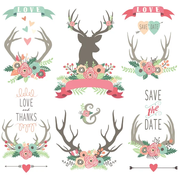 Wedding Floral Antlers Collections — Stock Vector