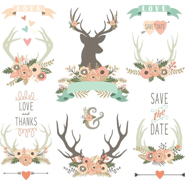 Wedding Floral Antlers Collections — Stock Vector