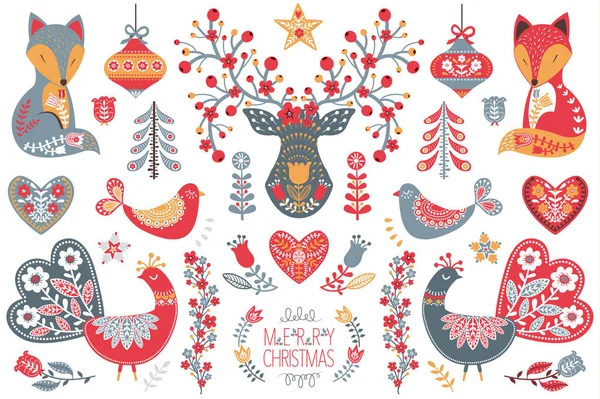 Escandinavo Colección Folk Christmas Design Conjunto — Archivo Imágenes Vectoriales