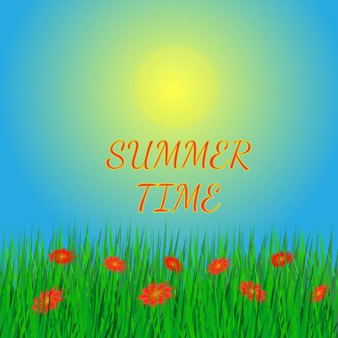 Güneş, çim ve çiçek ile yaz arka plan.