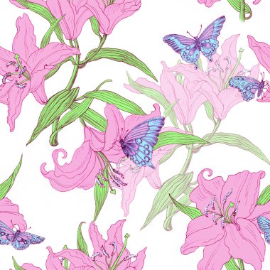 Lily ve butterflyes ile Seamless Modeli