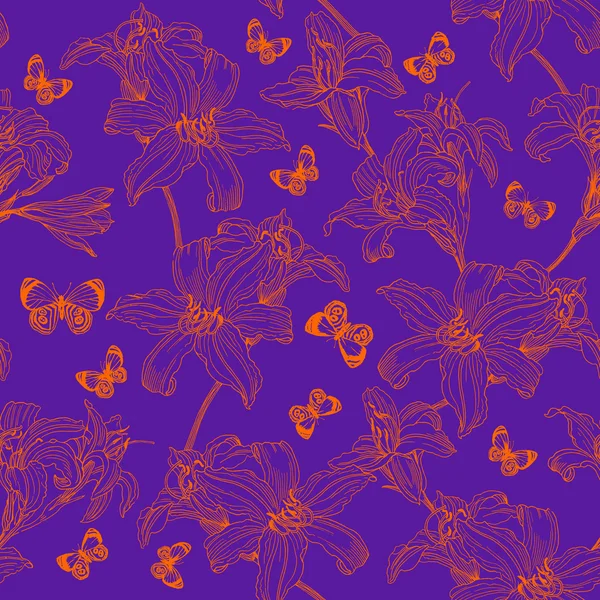 Patrón floral sin costuras en estilo oriental con flores de lirios y mariposas . —  Fotos de Stock