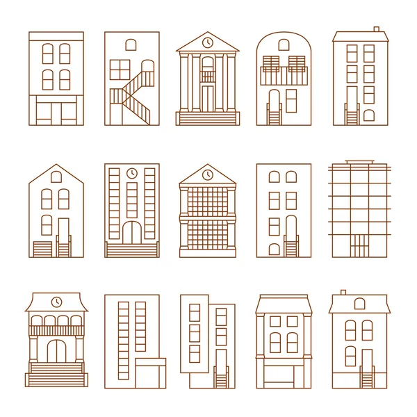 Düz ince çizgi vektör şehir binaları ayarlayın. Beyaz arkasında izole