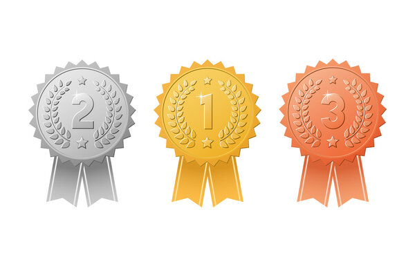Gold, silver, bronze award badges with color ribbons vector set.