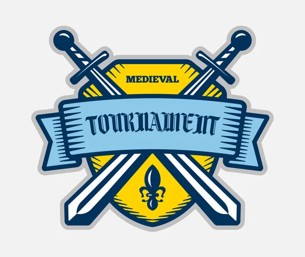 Medieval tournament fight sport vector logo. Knight, pirate, buccaneer, warrior sword mascot. Color badge, shirt design. — Stock Vector