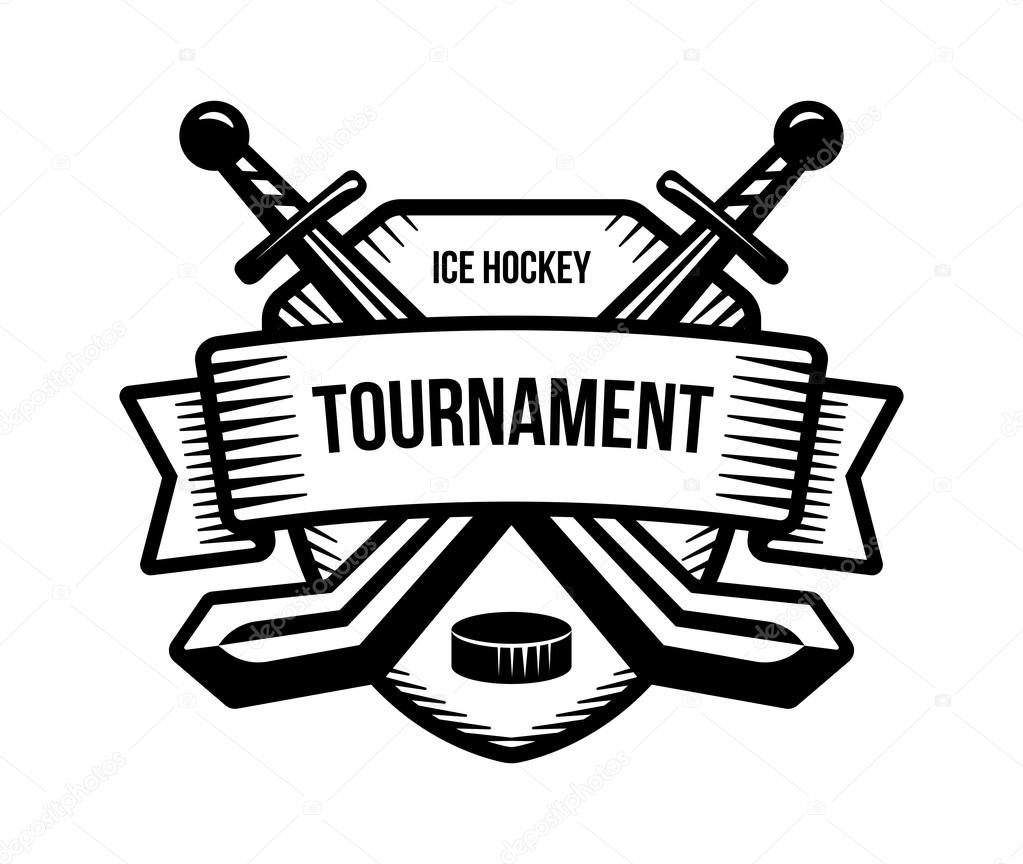 Ice hockey vector logo. Winter team sport tournament. Knight, pirate, buccaneer, warrior sword mascot. Black and white badge, shirt design.