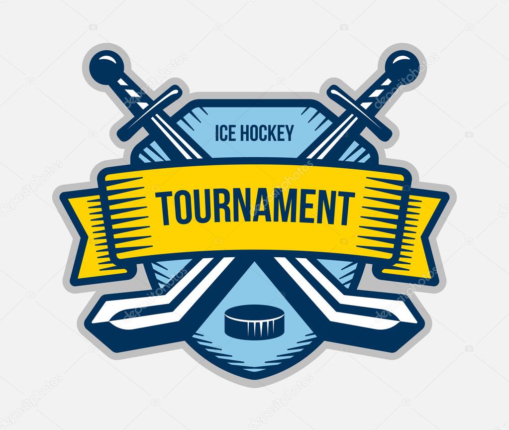 Ice hockey logo. Winter team sport tournament. Knight, pirate, buccaneer, warrior sword mascot. Color badge, shirt design.