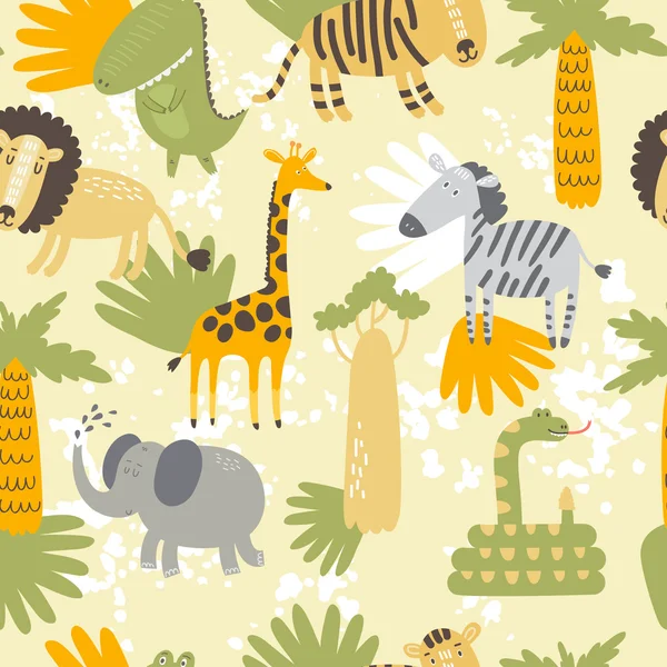 Vector seamless pattern with cute cartoon African animals: lion, tiger, elephant, giraffe and the snake. — Stock Vector
