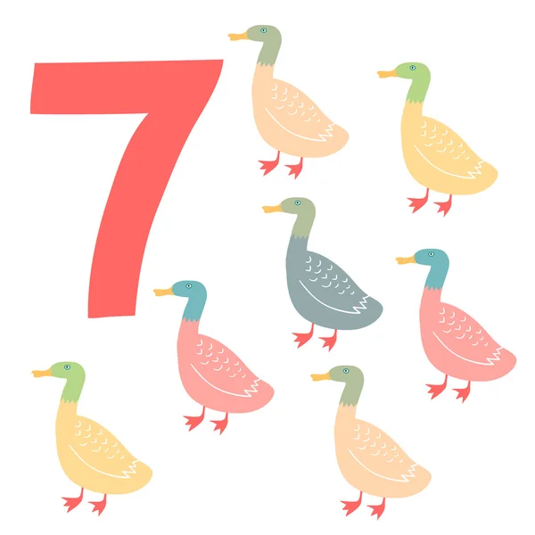 7 aranyos kacsa. Könnyű tanulni — Stock Vector