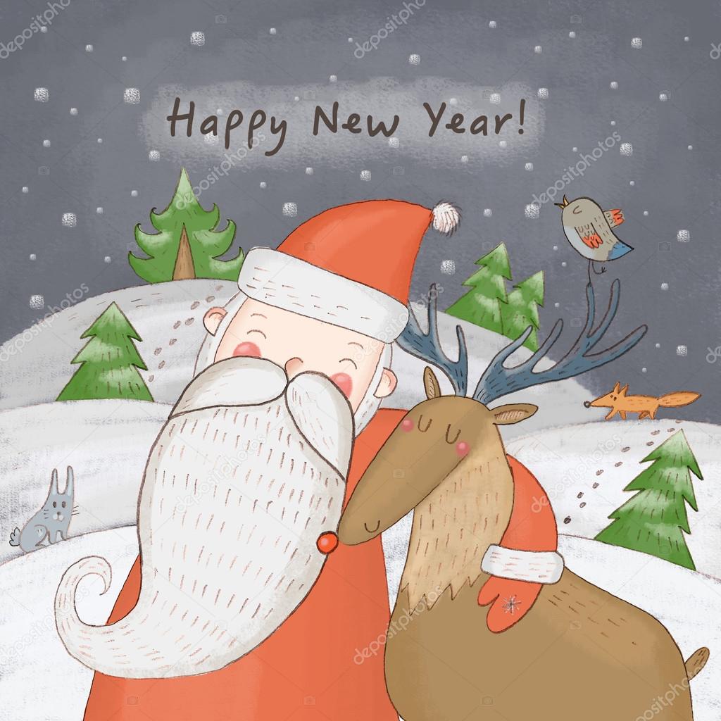 Cute Santa hugs  deer 