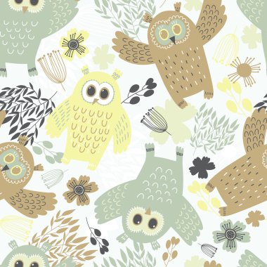 Baykuşlar ile çiçek seamless modeli. 