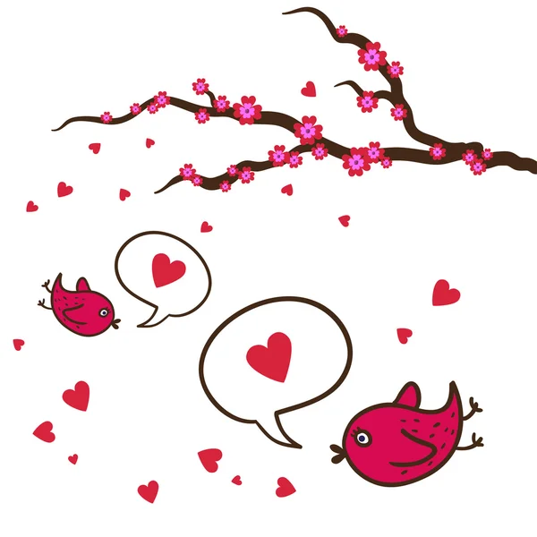 Fundo com ramo sakura com pássaros — Vetor de Stock