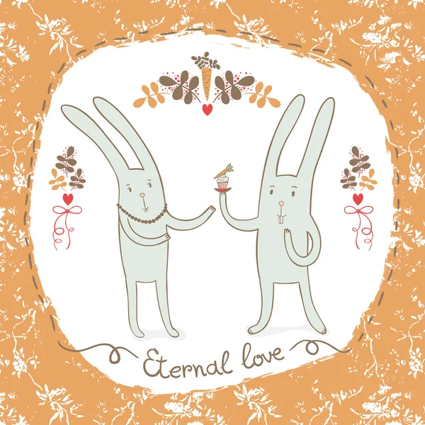 Χαριτωμένο κουνέλια στην αγάπη που μοιράζονται καρότο. — Διανυσματικό Αρχείο