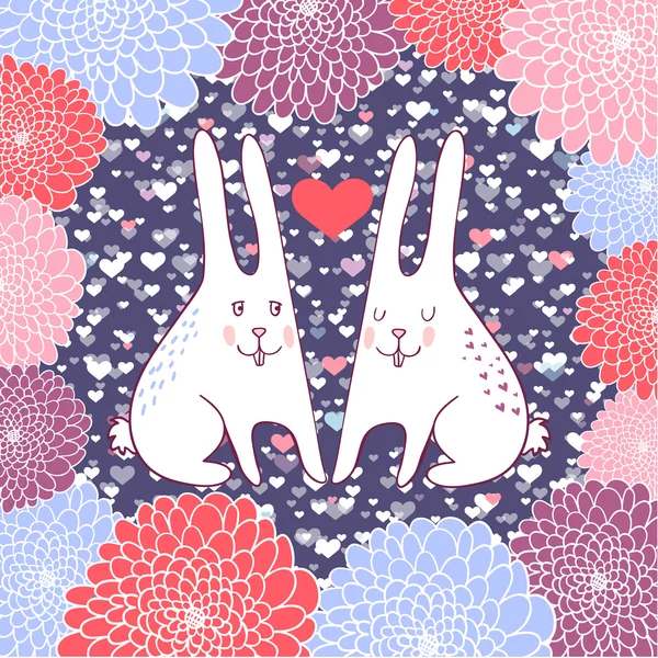 Schattig konijnen in liefde met bloemen — Stockvector