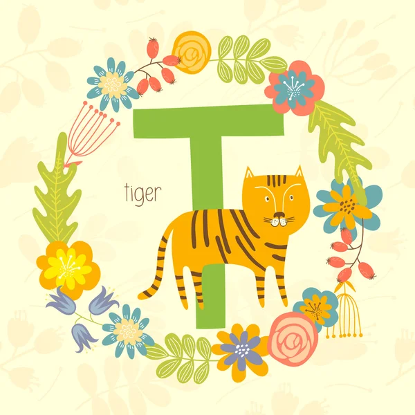 Χαριτωμένο ζωολογικό κήπο αλφάβητο, τίγρη — Διανυσματικό Αρχείο