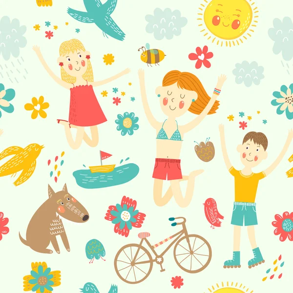 Funny seamless pattern with kids — Stock Vector