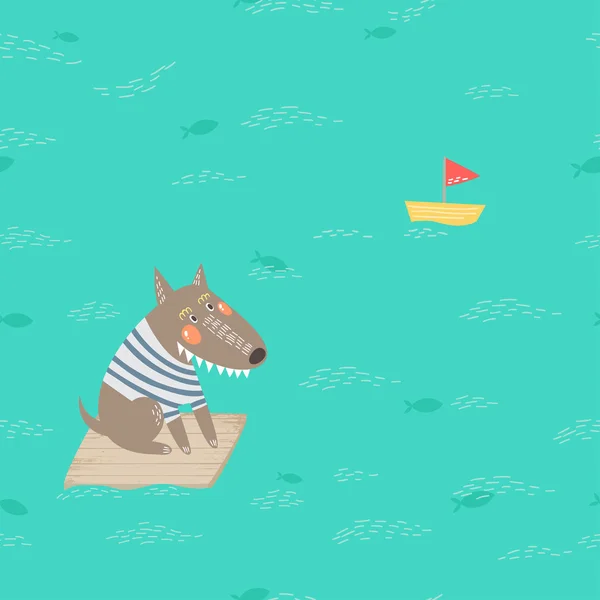 Σκύλου κολύμπι στον ωκεανό, σε μια σχεδία. — Διανυσματικό Αρχείο