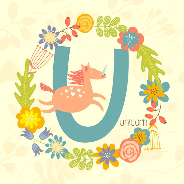 Cute Zoo alphabet, Unicorn — Stock Vector