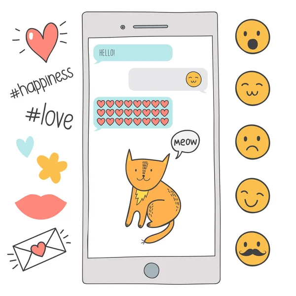 Συνομιλία smartphone με την καρδιά και τη γάτα. — Διανυσματικό Αρχείο