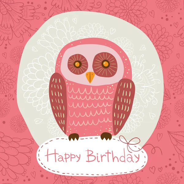 フクロウと幸せな誕生日カード. — ストックベクタ