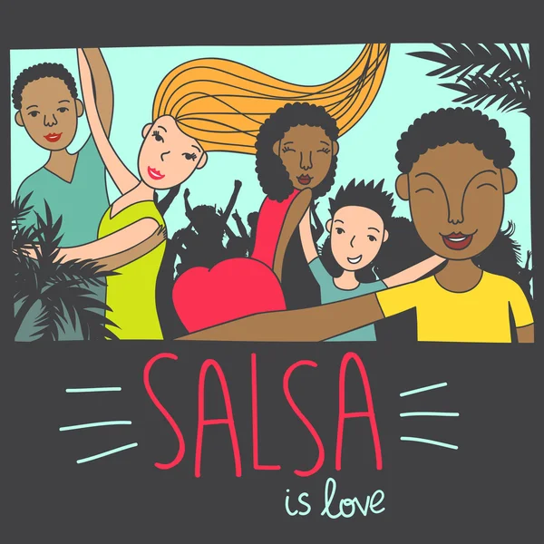 Pareja y felices bailarines de salsa — Vector de stock