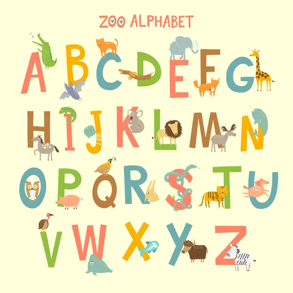 Zoo-Alphabet mit verschiedenen Tieren. — Stockvektor