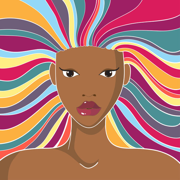 African girl with long colorful hair. 