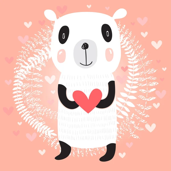 Lindo panda sosteniendo corazón — Vector de stock