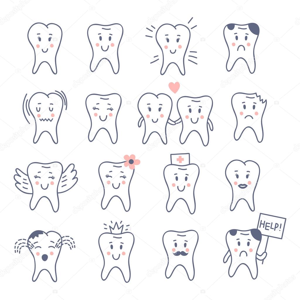 Il fumetto ha impostato i denti Insieme dentale per il vostro disegno Immagini vettoriali per l odontoiatria per bambini — Vettoriali di whynotme