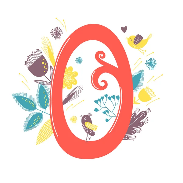 Lettre o avec fleurs et oiseau — Image vectorielle